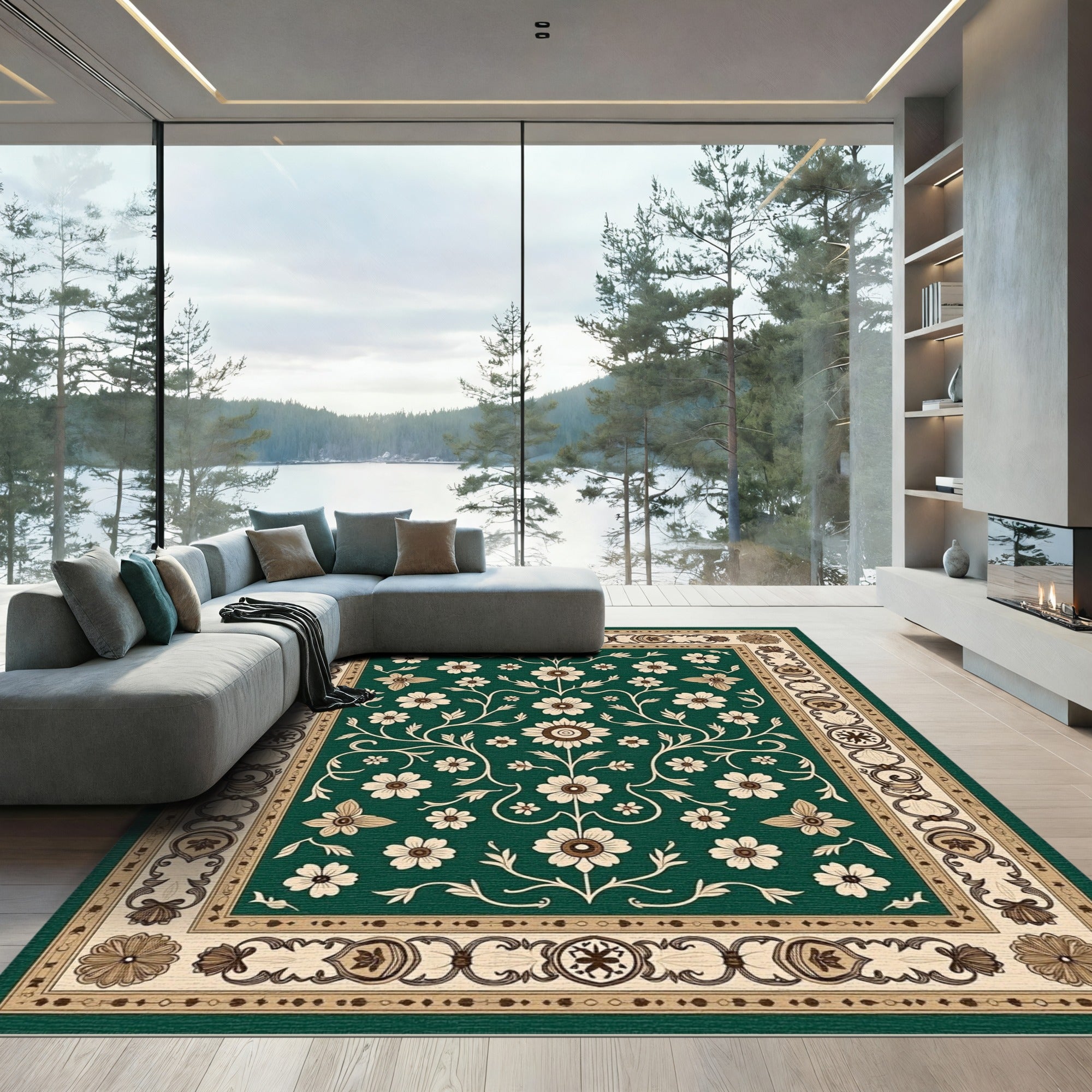 Emerald Green Floral Vine Border Rug