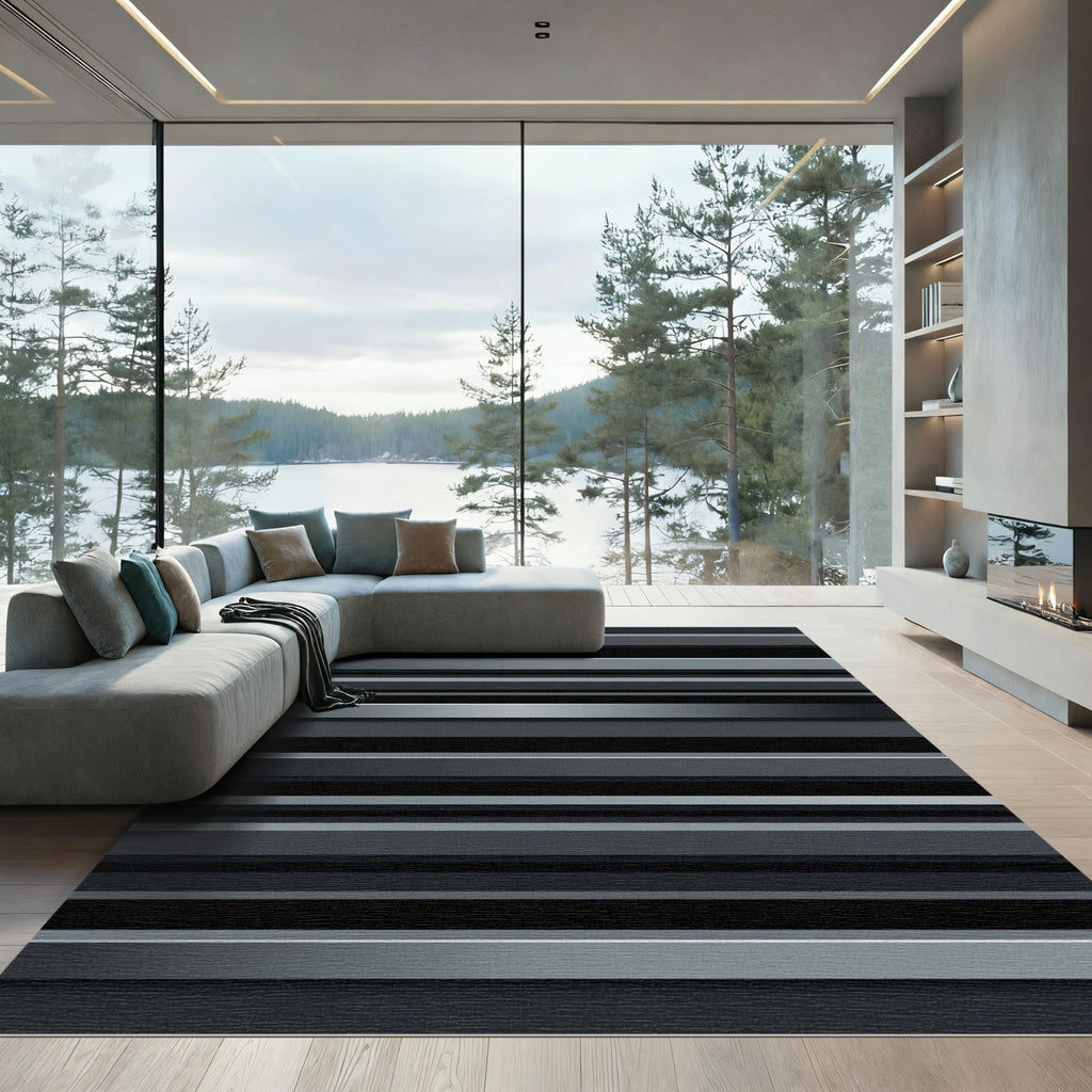 Modern Dark Gray Metallic Horizontal Stripe Rug