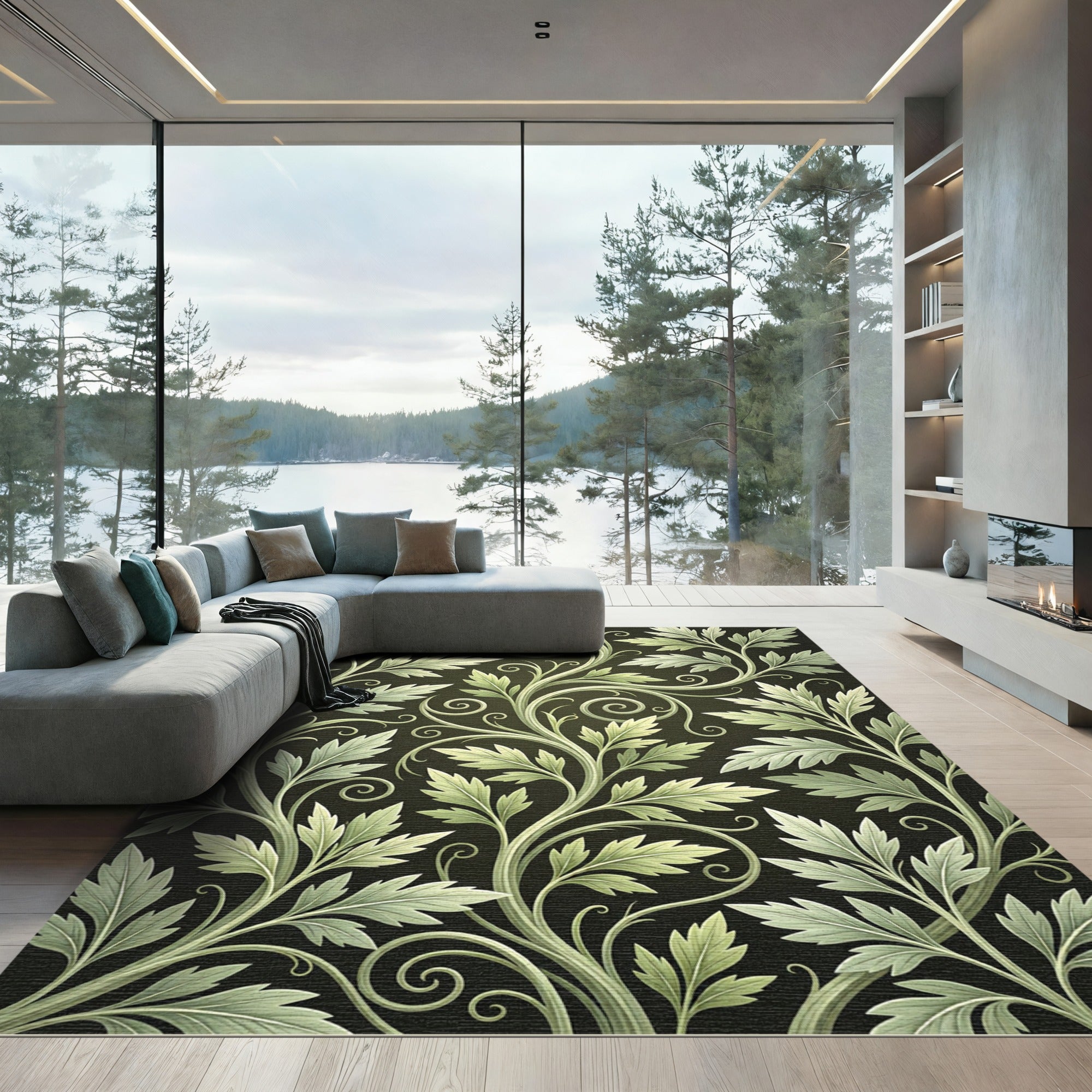 Elegant Olive Leaf Scroll Illustration Rug