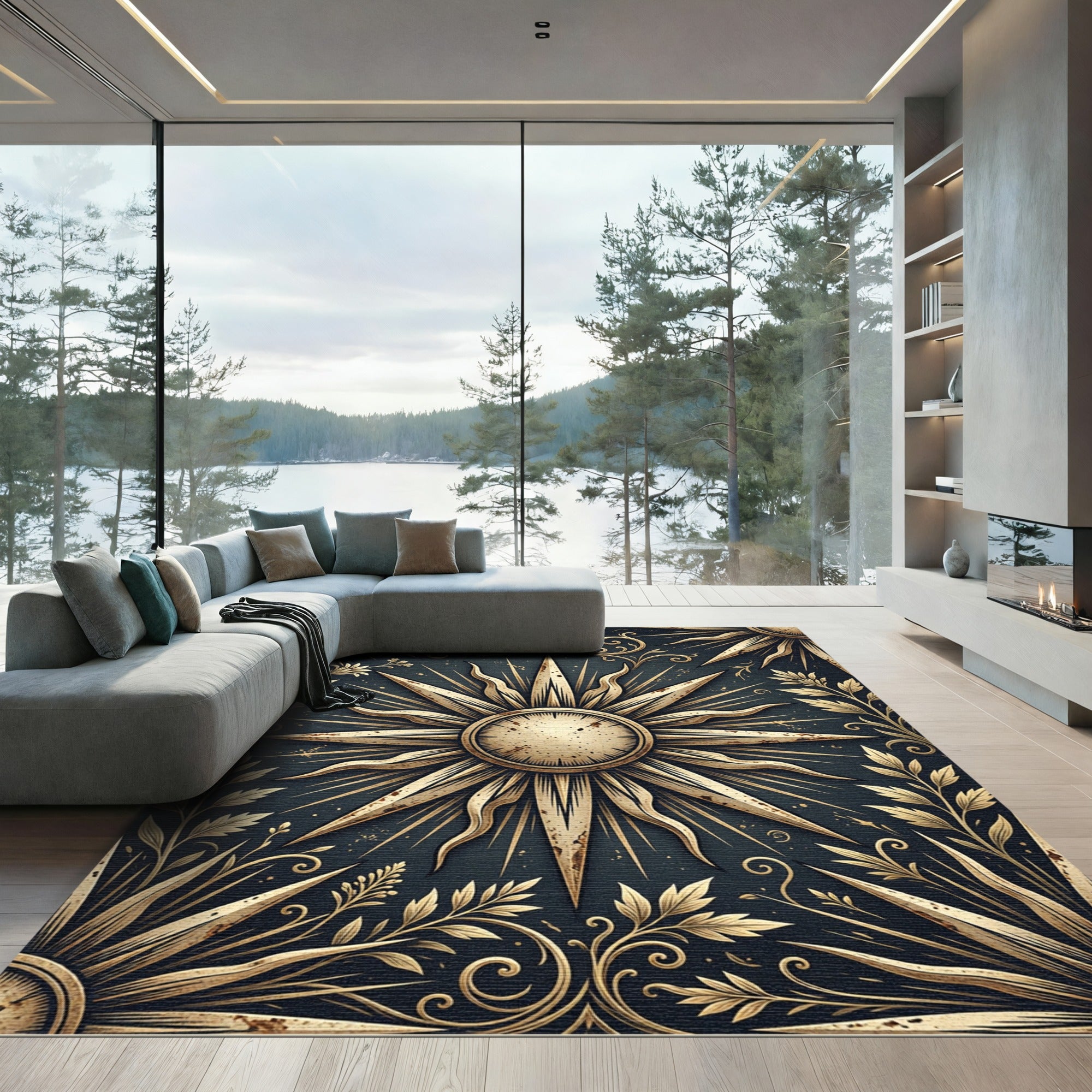 Golden Celestial Sun Medallion Flourish Rug