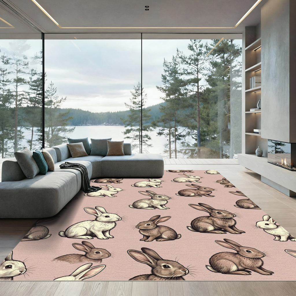 Whimsical Taupe Bunny Rabbit Meadow Rug