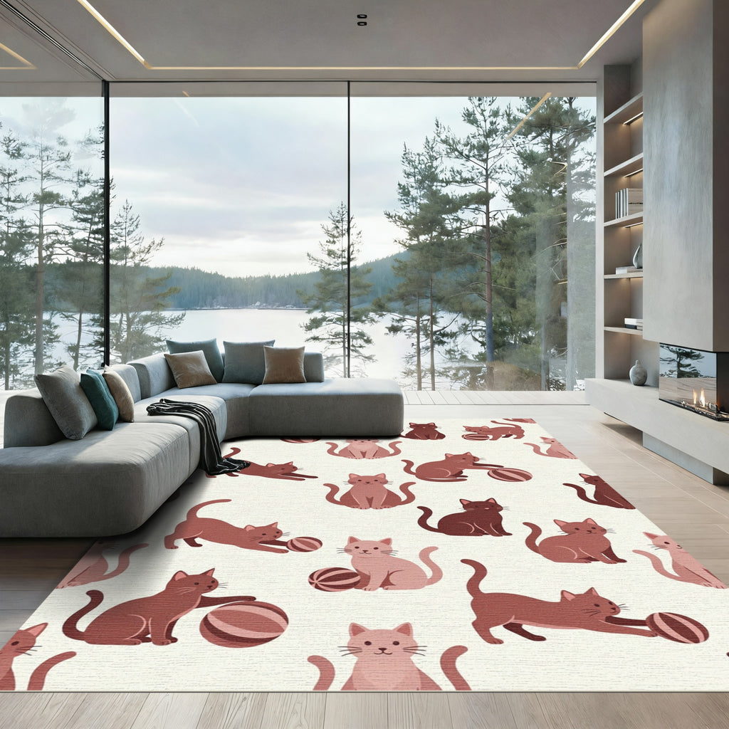 Playful Cats With Balls Pattern Rug
