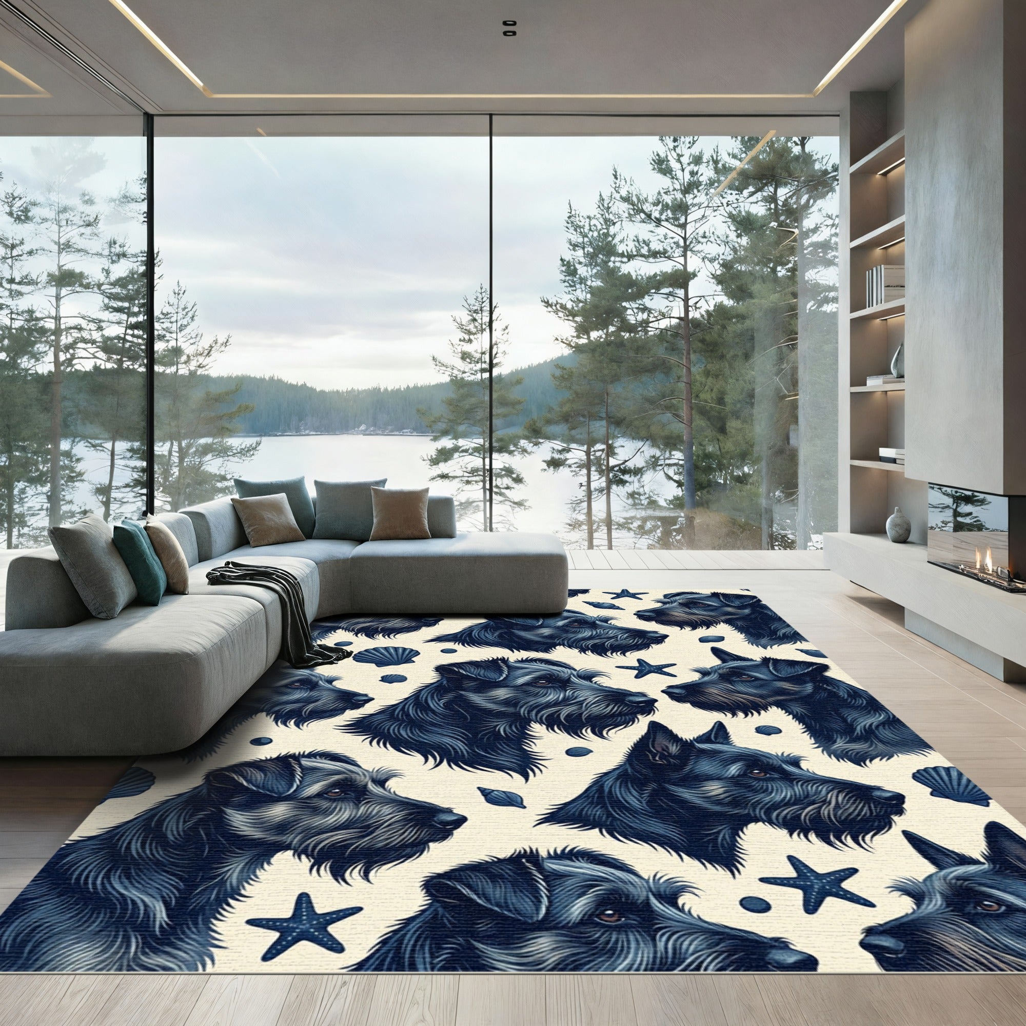 Navy Terriers and Coastal Seashells Rug