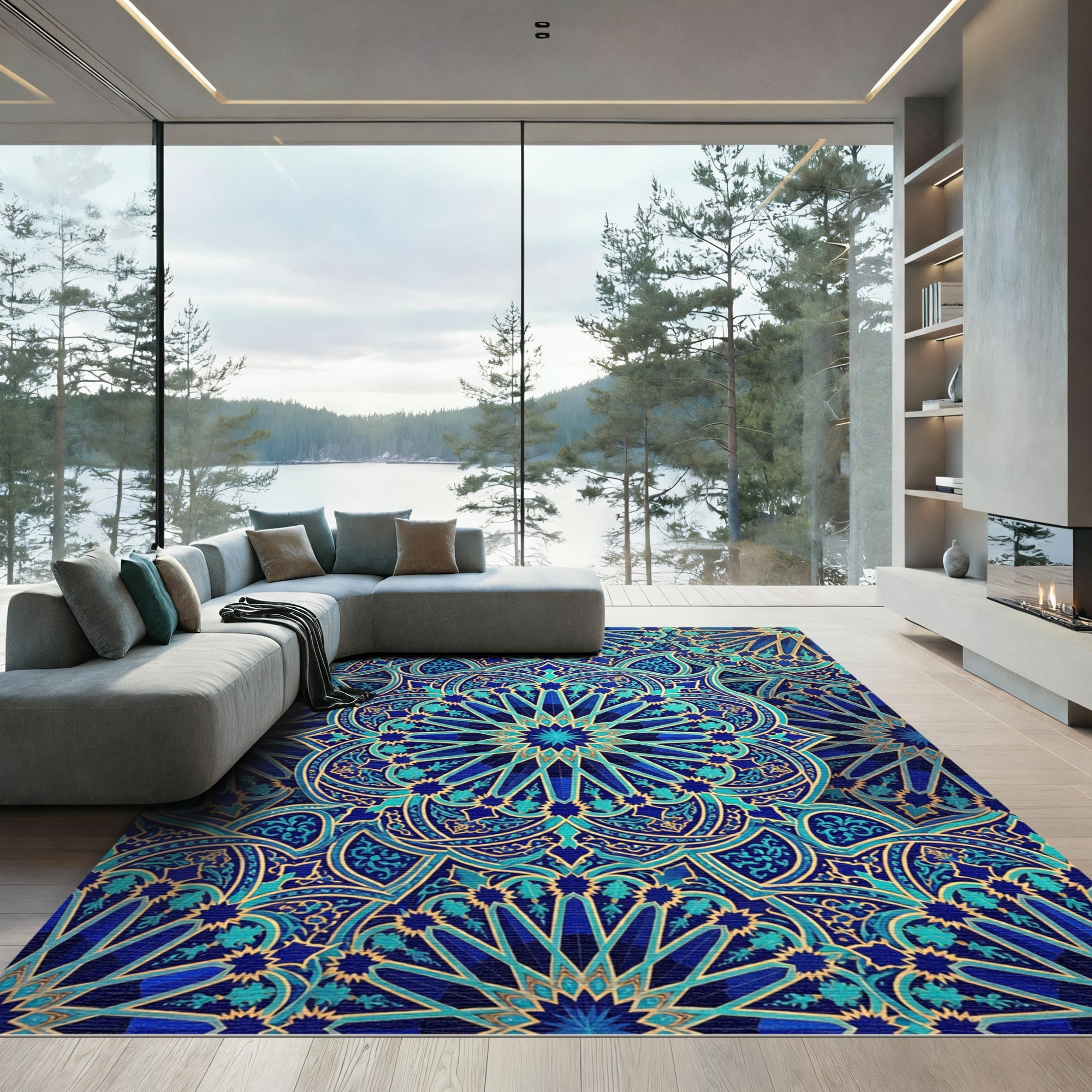 Deep Blue Teal Intricate Star Medallion Rug