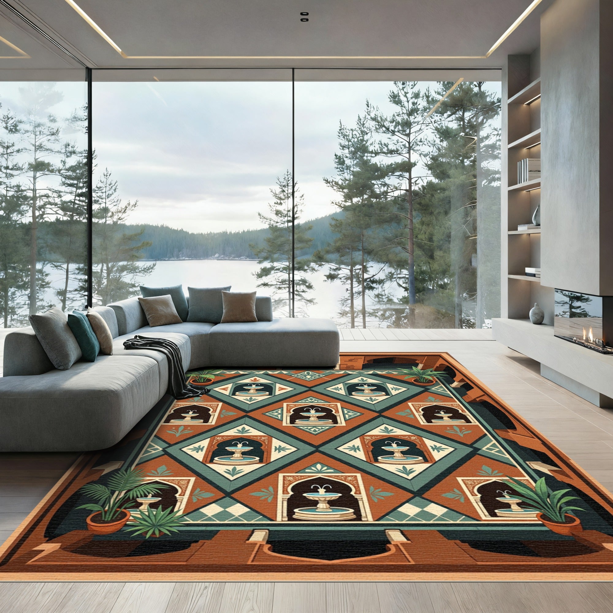 Terra Cotta Teal Diamond Fountain Mosaic Rug