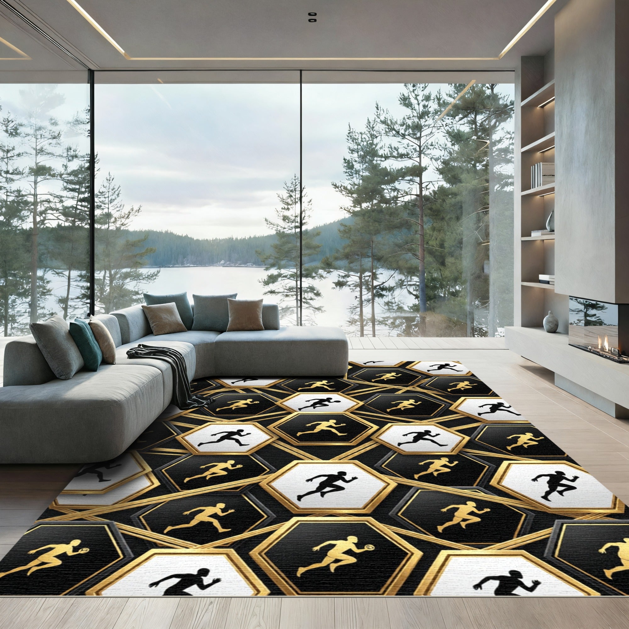 Monochrome Golden Hexagon Athletic Runner Art Rug