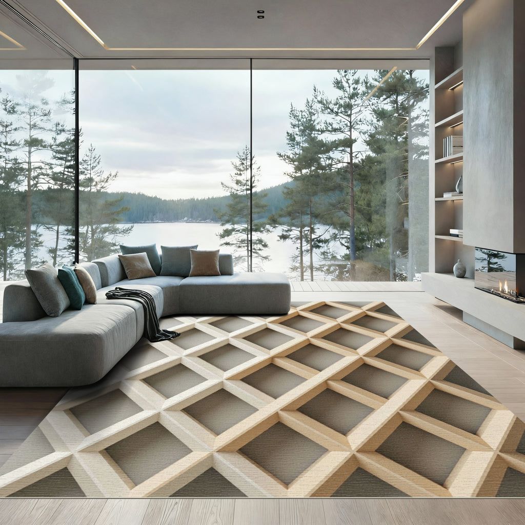 Neutral Cream Geometric Lattice Grid Rug