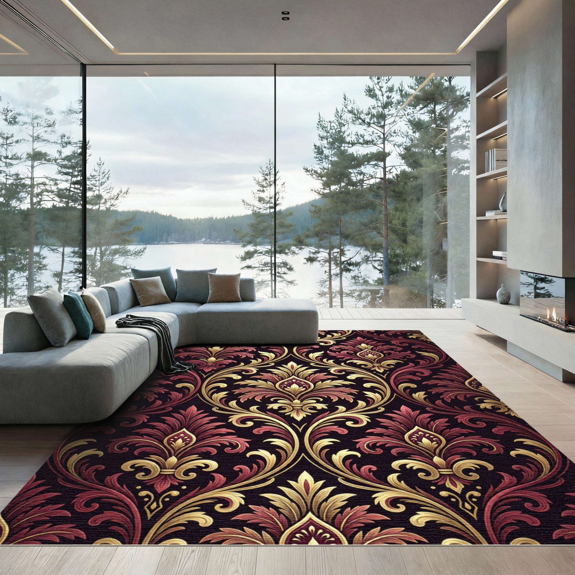Regal Red Gold Damask Flourish Rug