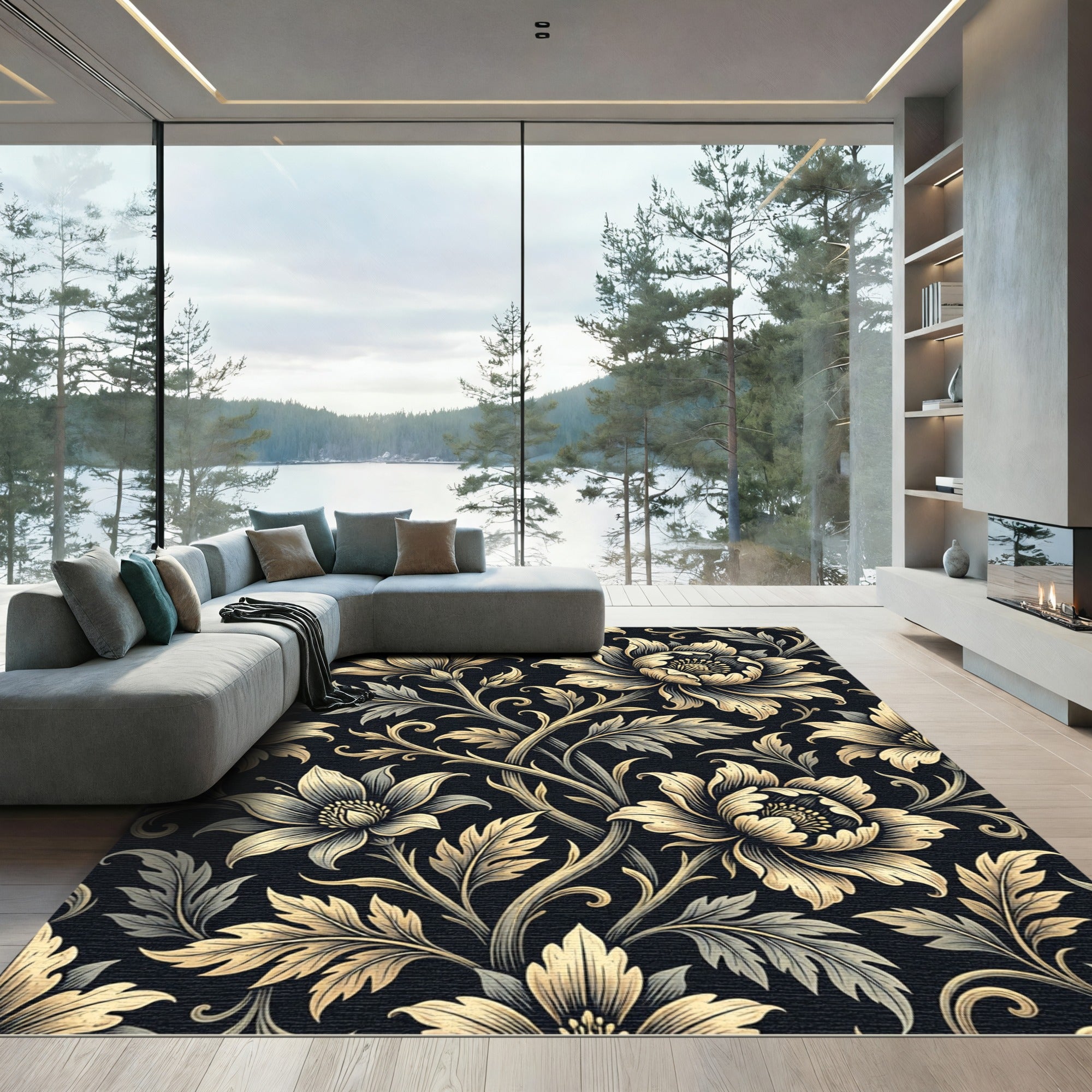 Elegant Golden Floral Ivory Botanical Composition Rug