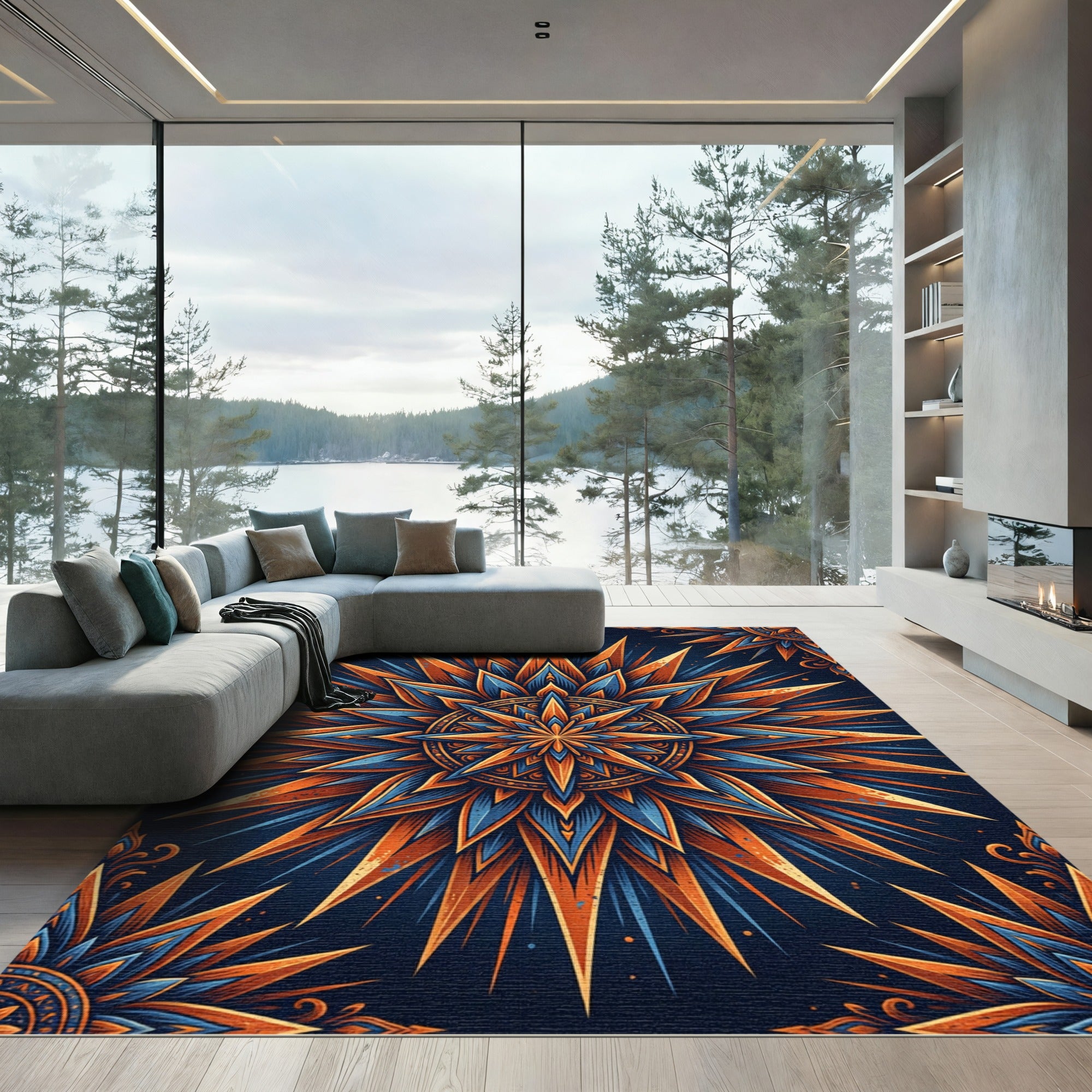 Celestial Amber and Navy Geometric Starburst Rug