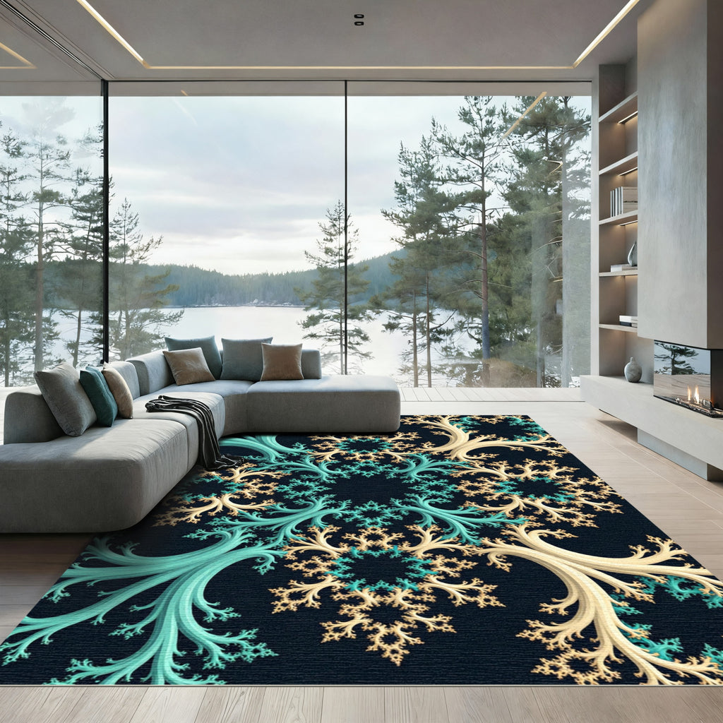 Teal and Cream Fractaled Swirl Art Rug