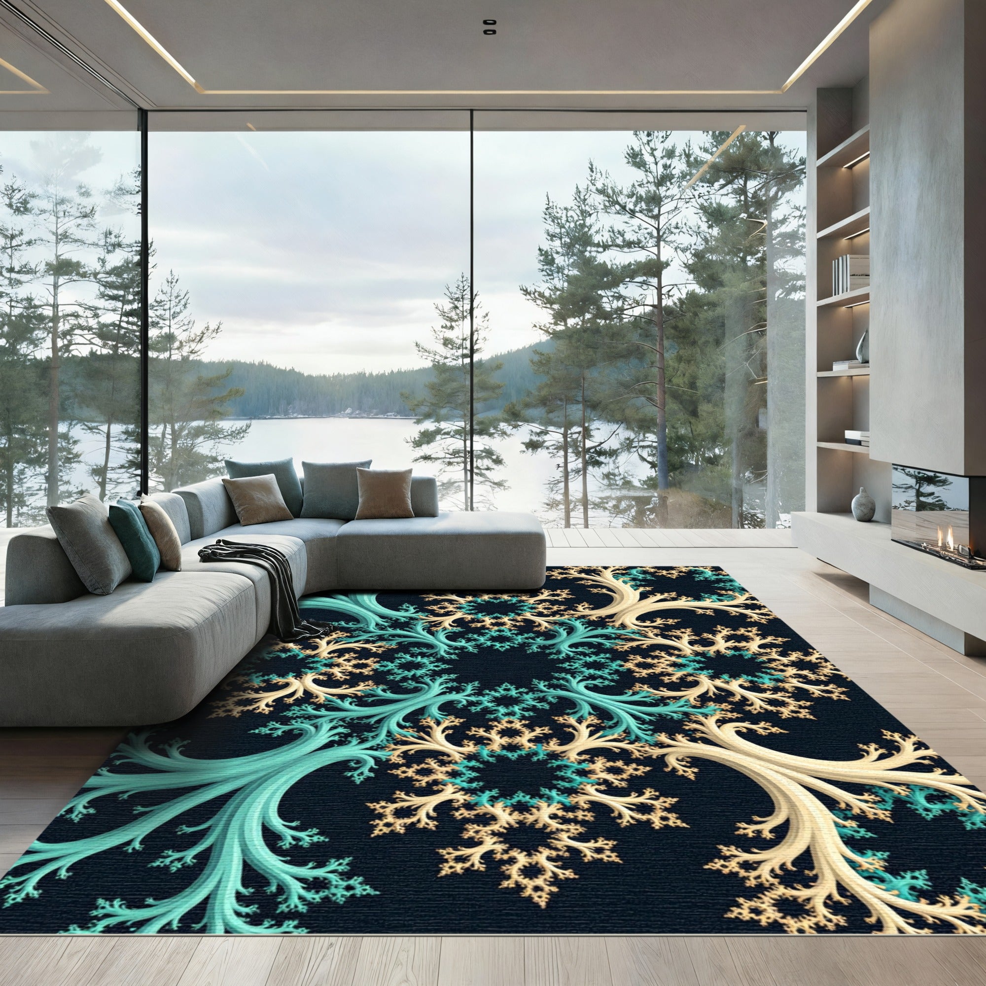 Teal and Cream Fractaled Swirl Art Rug