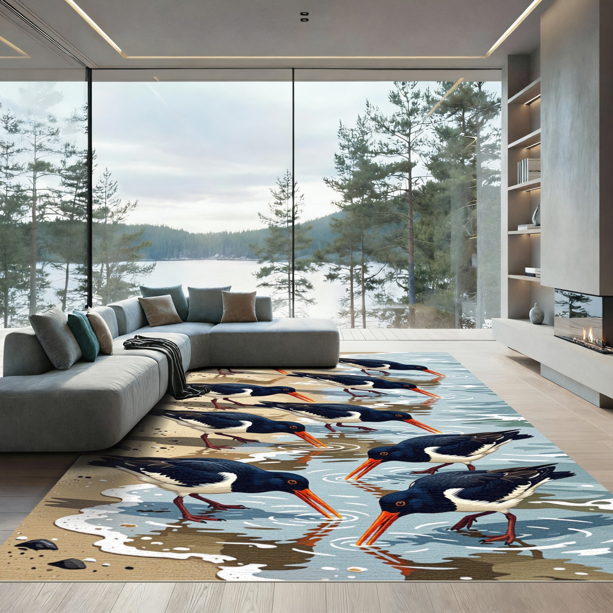 Coastal Oystercatcher Shoreline Art Illustration Rug