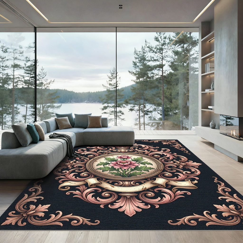 Ornate Pink Rose Baroque Medallion Rug