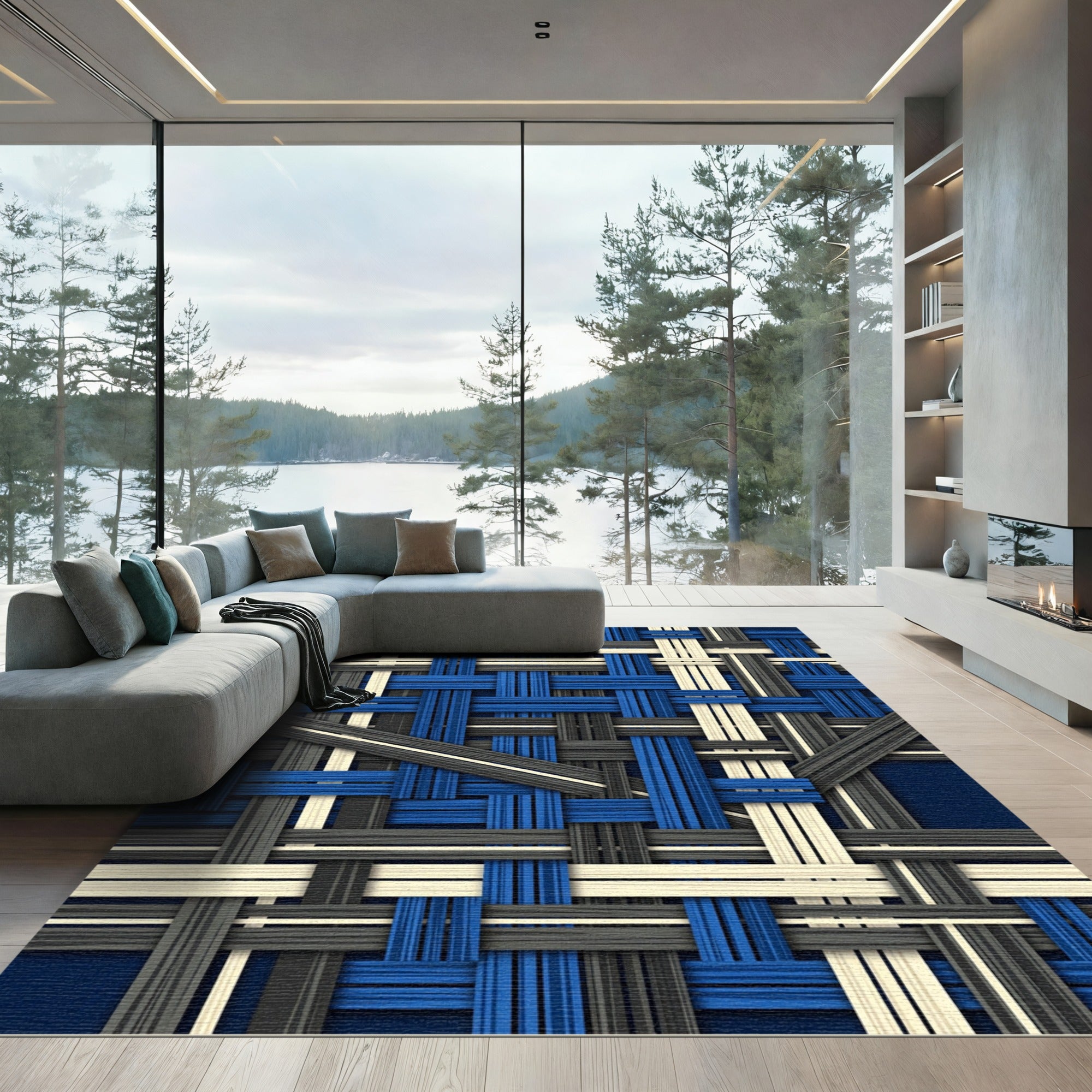 Interlocking Blue Gray Cream Texture Rug