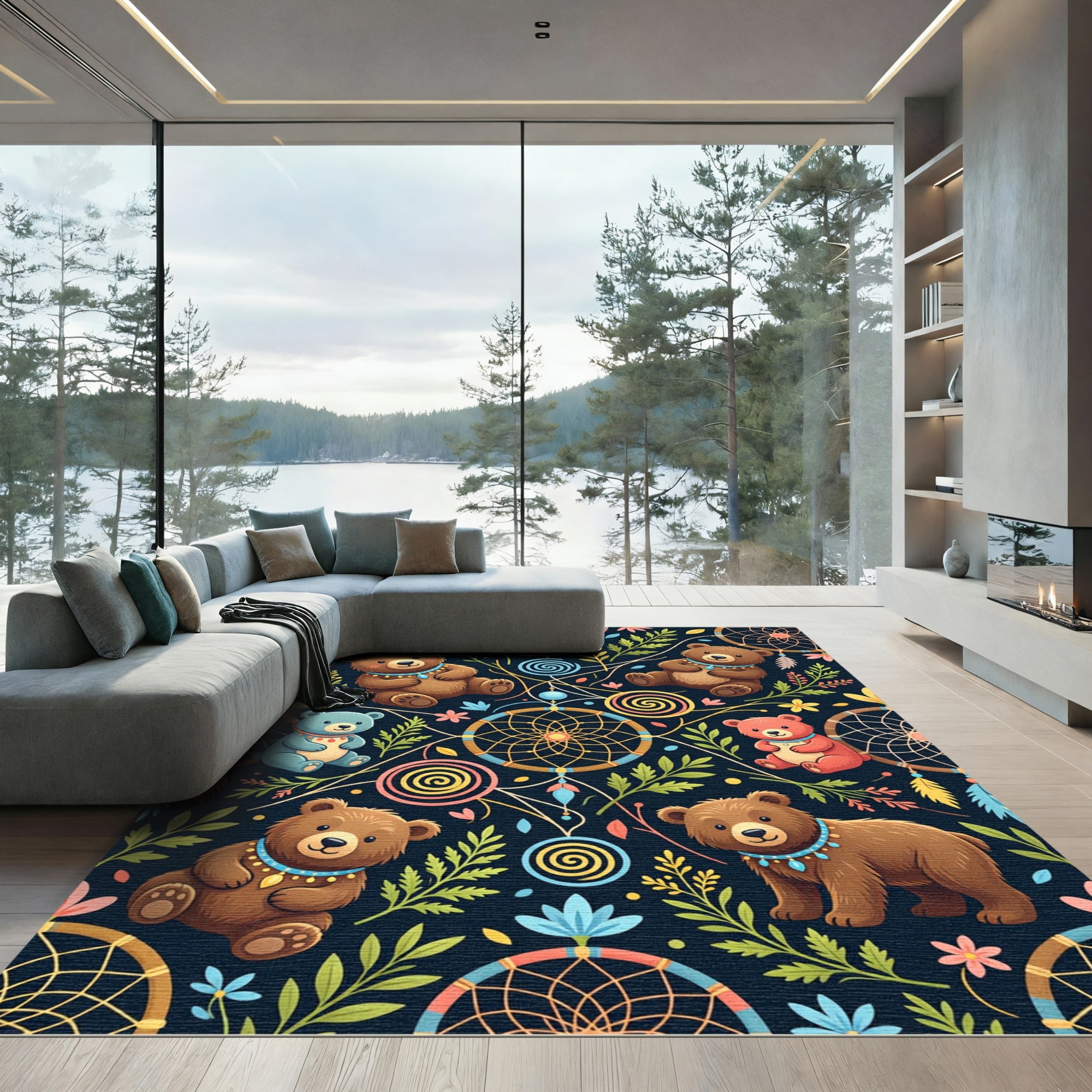 Whimsical Boho Teddy Bear Dreamcatcher Rug