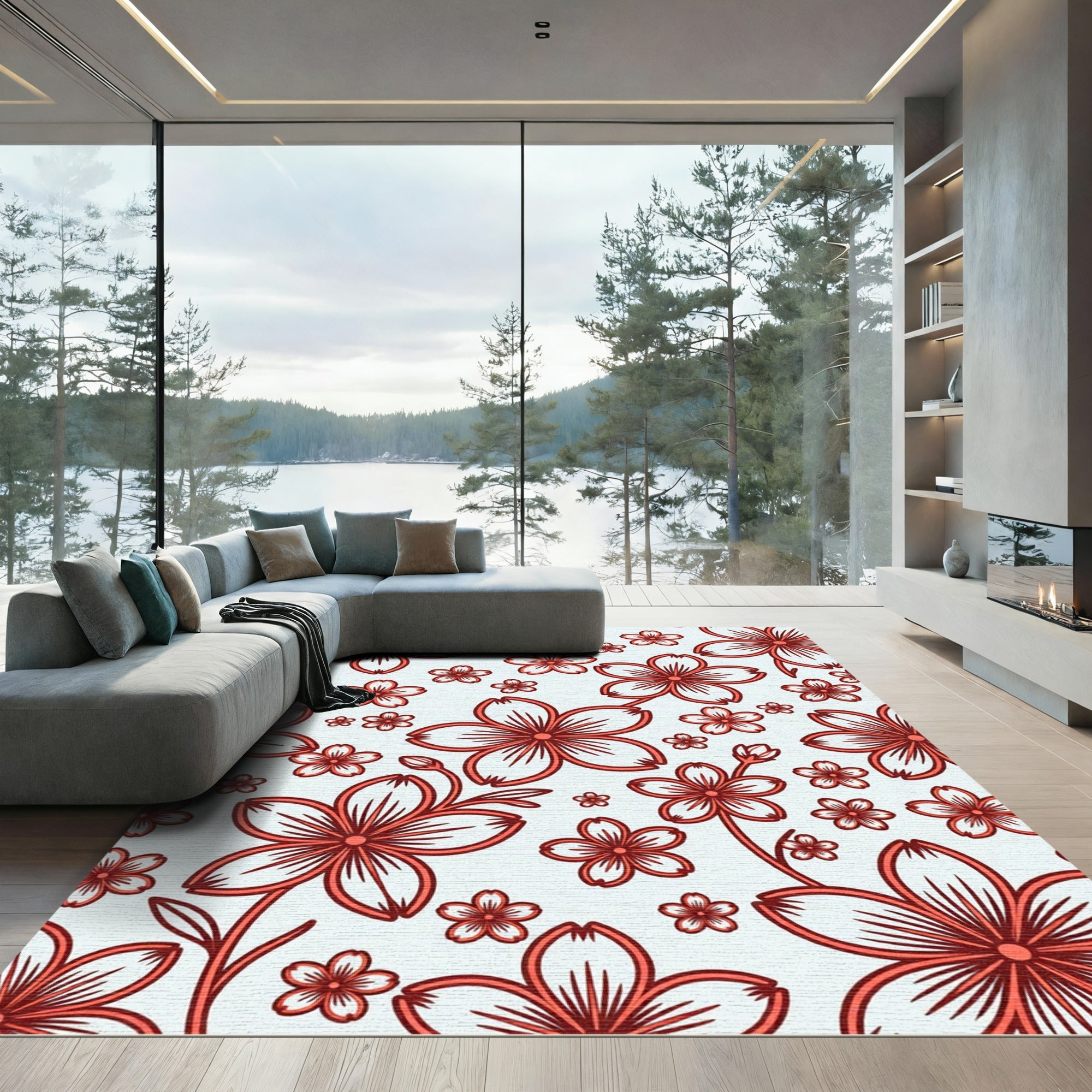 Coral Red Blossom All-Over Rug