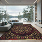 Ornate Burgundy Floral Medallion Gold Filigree Rug