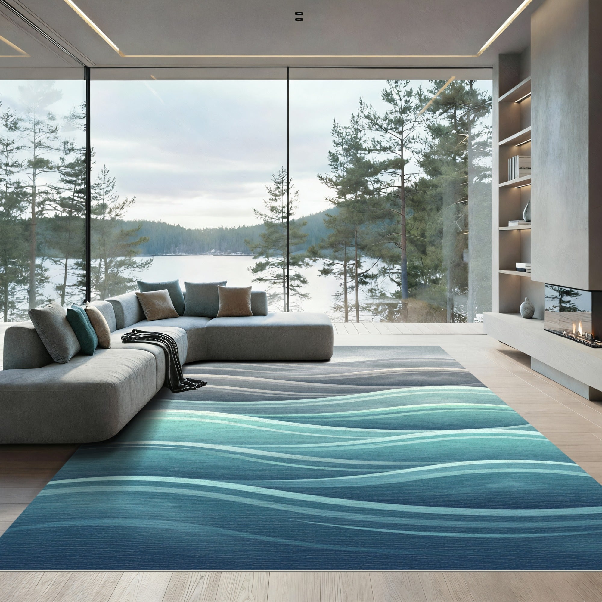 Serene Teal Blue Layered Wave Abstract Rug