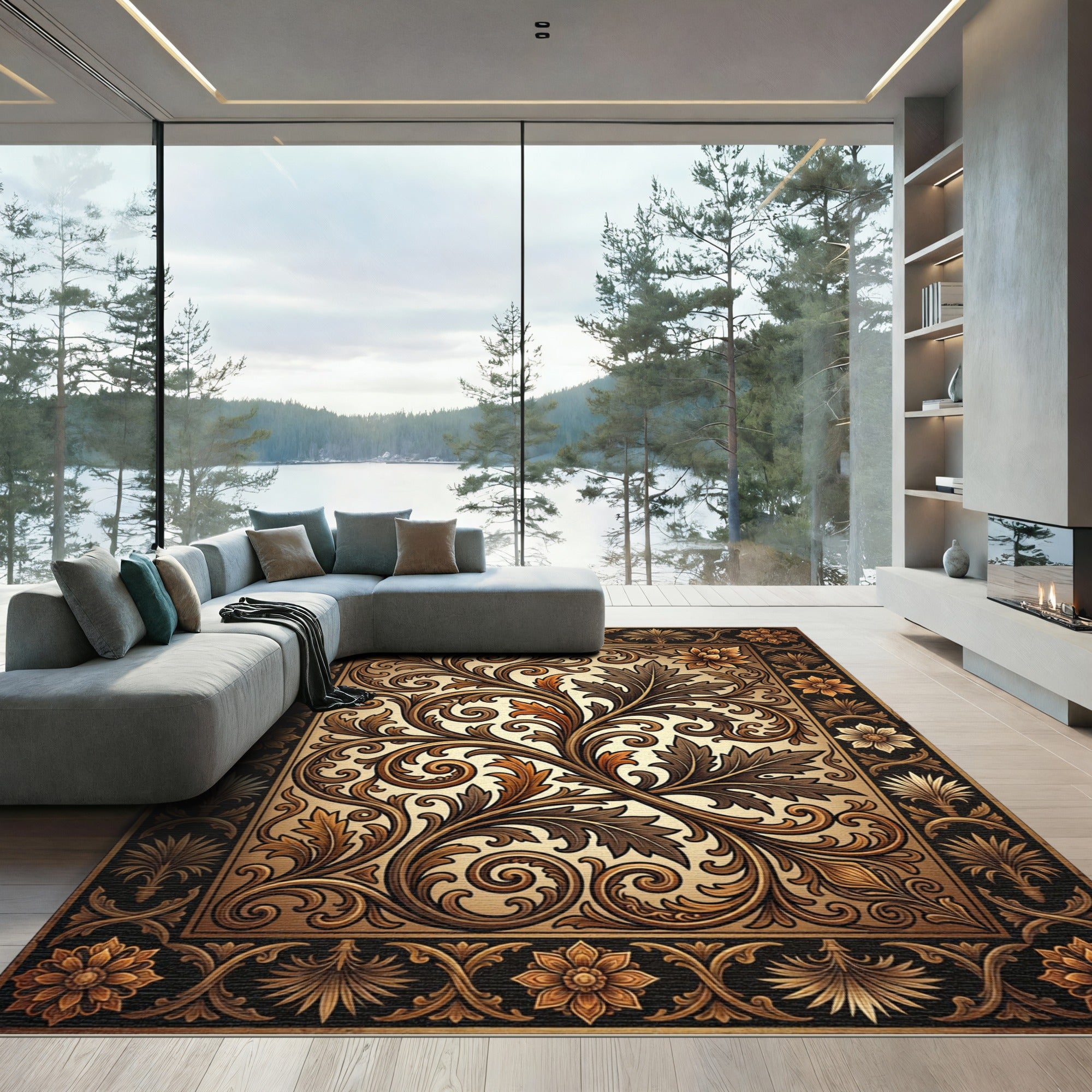 Sophisticated Gold Acanthus Leaf Scroll Rug