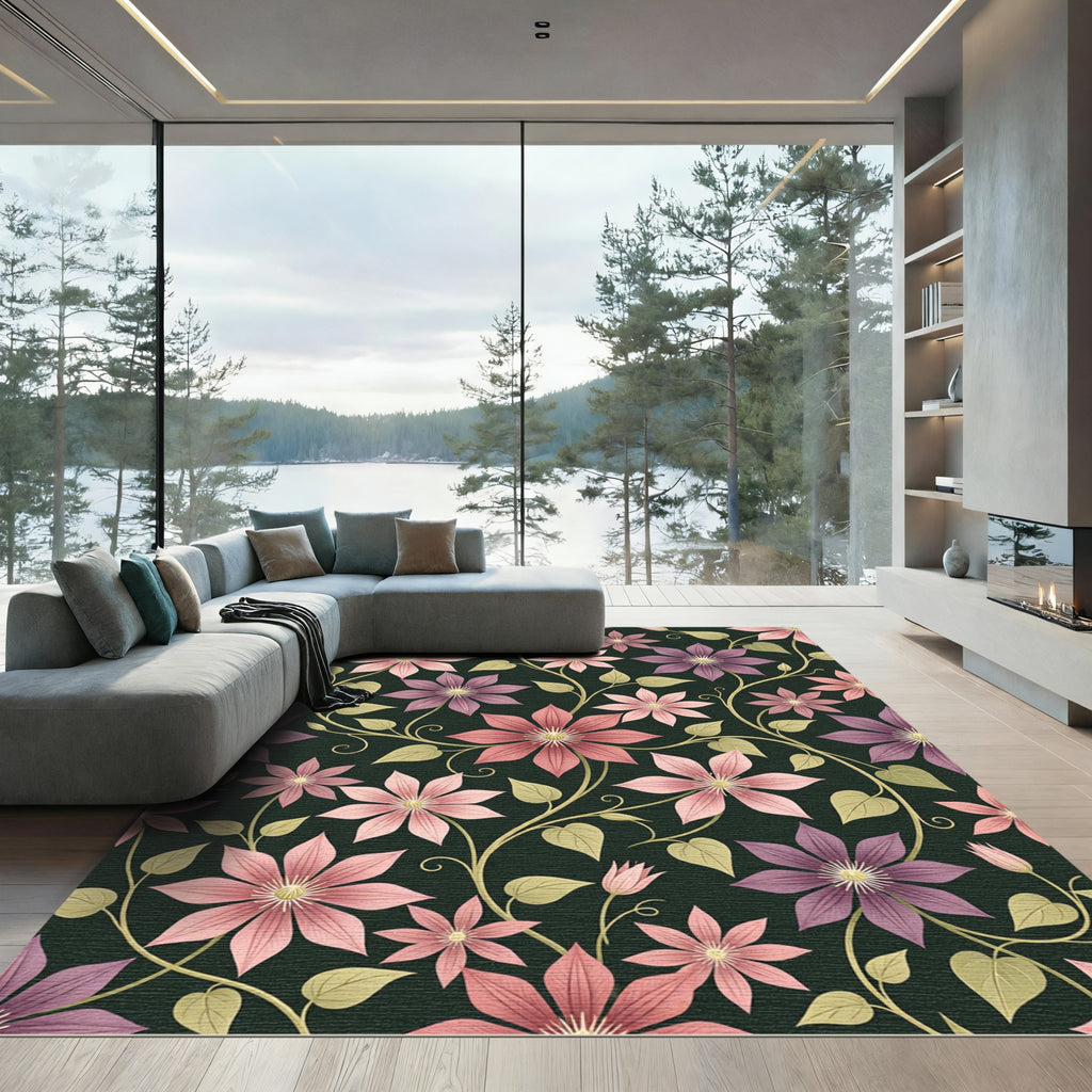 Mauve Pink Floral Vine Over Black Rug
