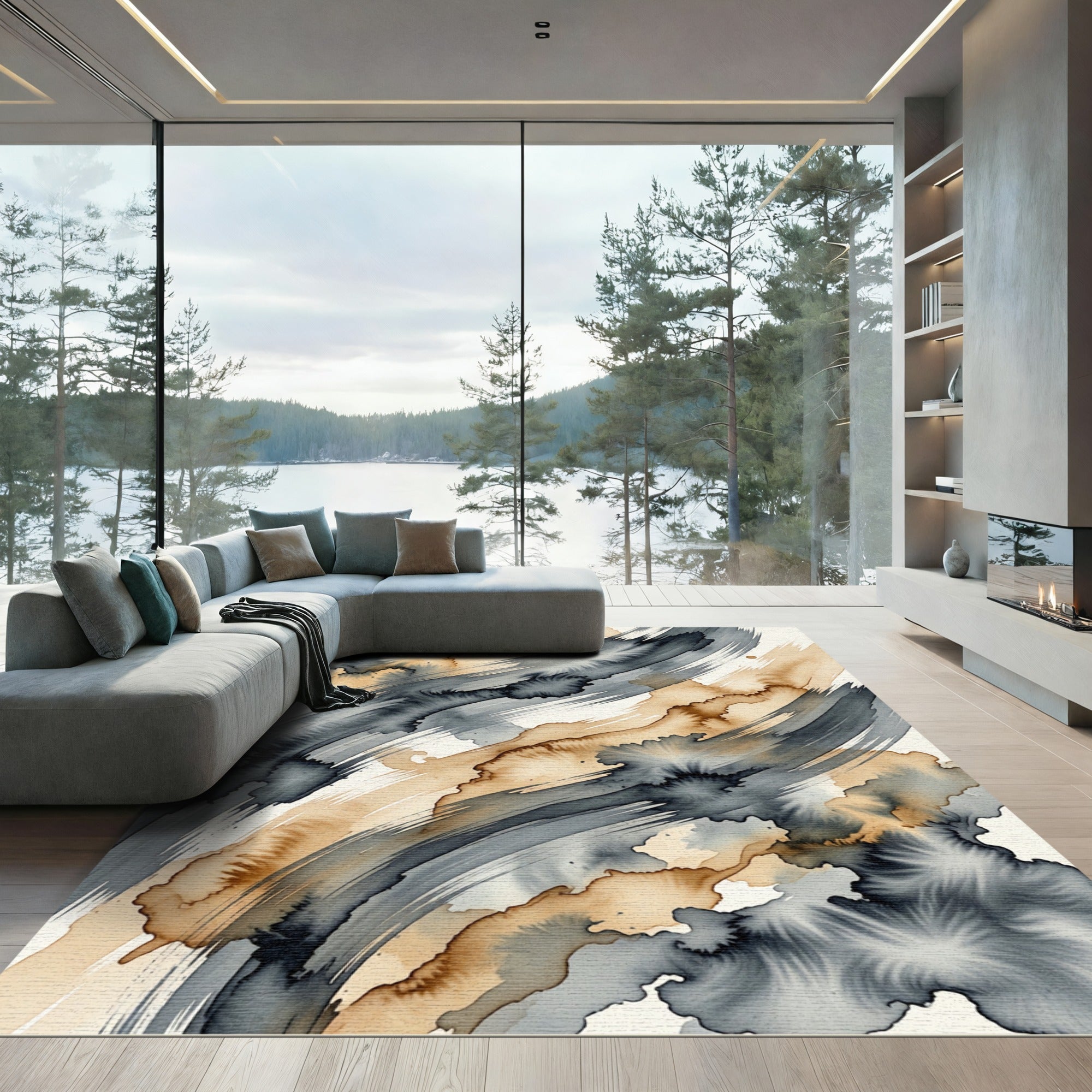 Abstract Charcoal and Tan Ink Stroke Rug