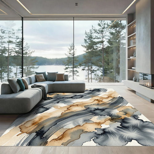 Abstract Charcoal and Tan Ink Stroke Rug