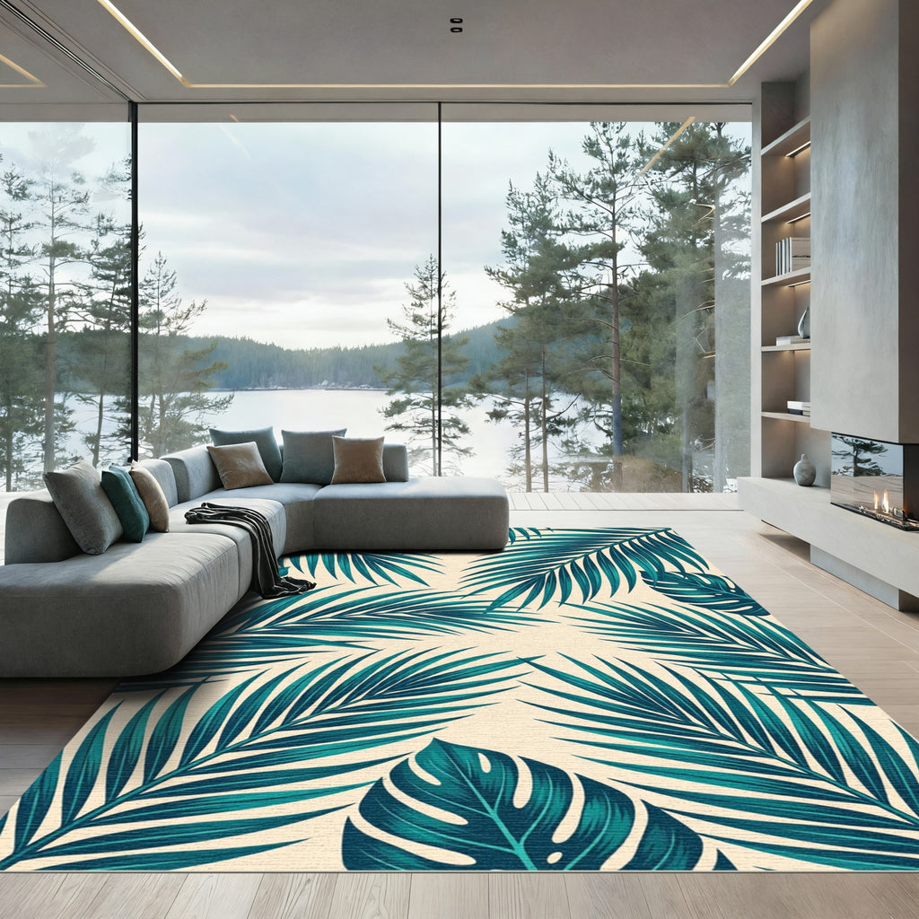 Teal Tropical Leaf Pattern Rug