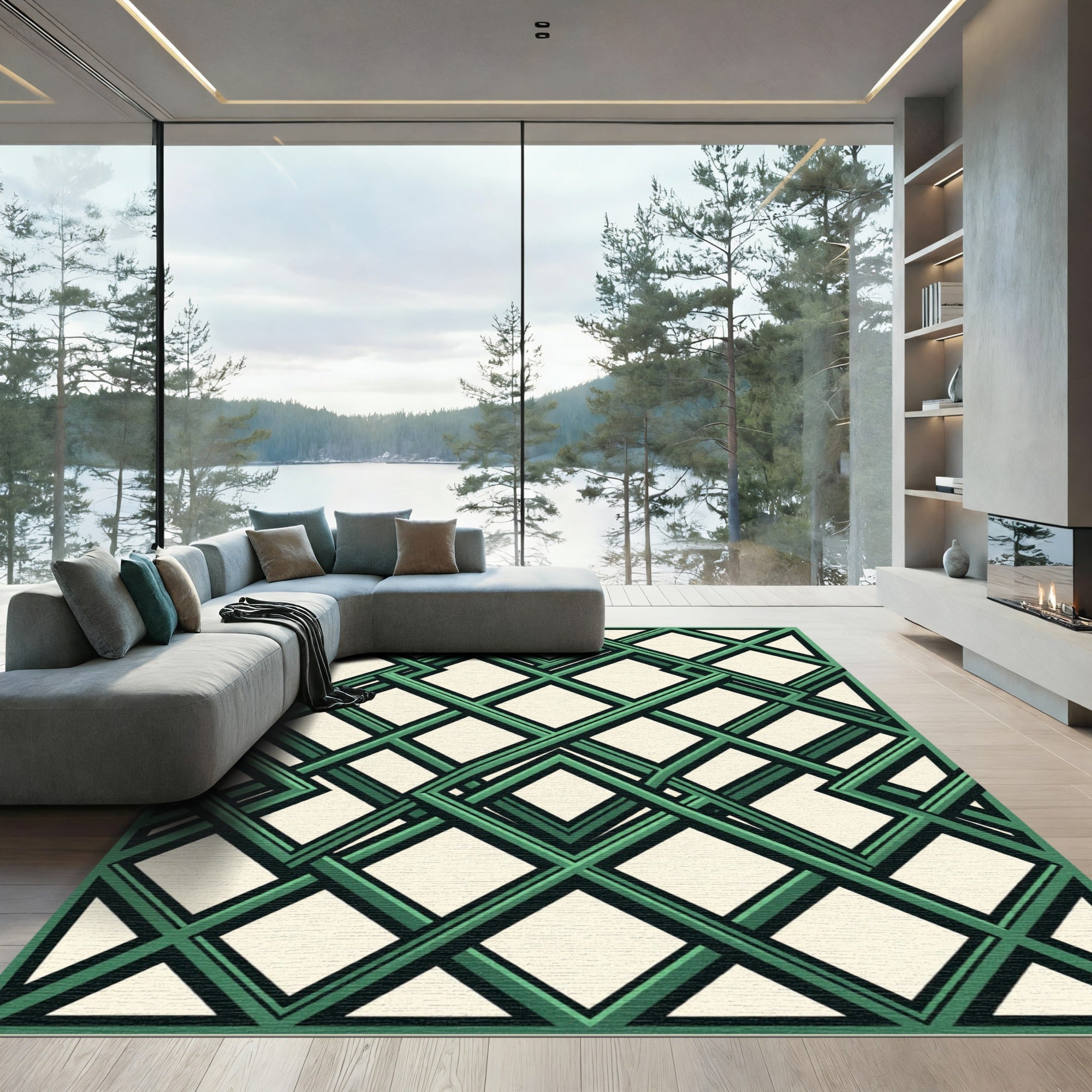 Emerald Interlocking Geometric Lattice Rug
