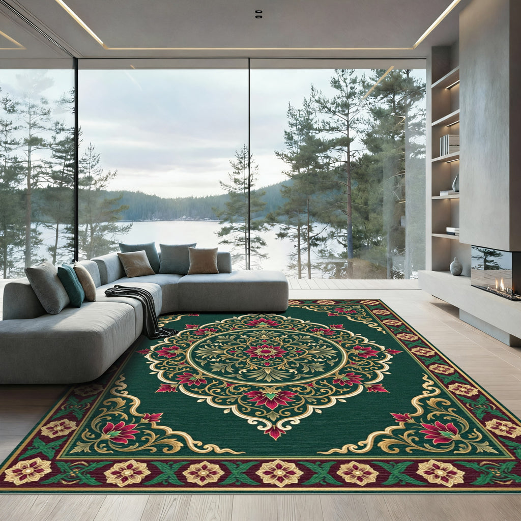 Emerald Deep Rose Ornate Floral Medallion Rug