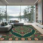 Emerald Deep Rose Ornate Floral Medallion Rug