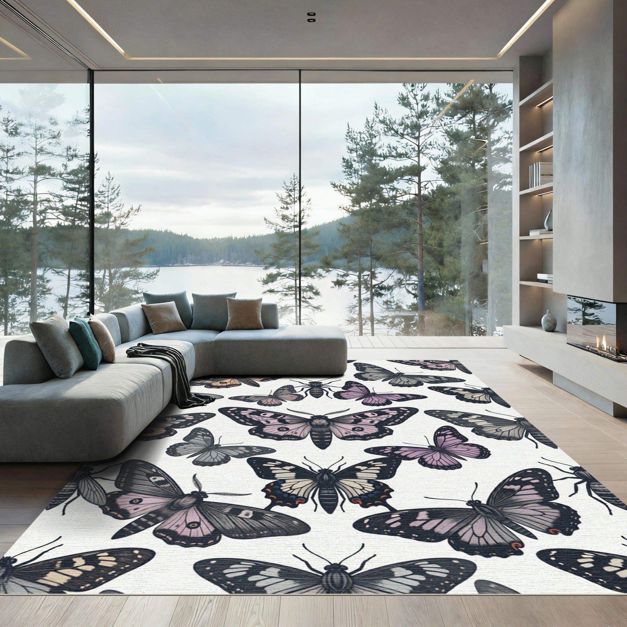 Dark Botanical Muted Tone Butterfly Meadow Rug