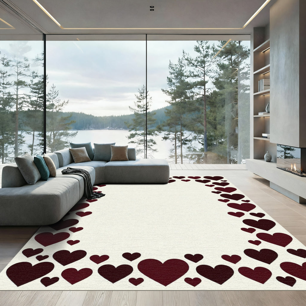 Deep Burgundy Romantic Heart Border Rug
