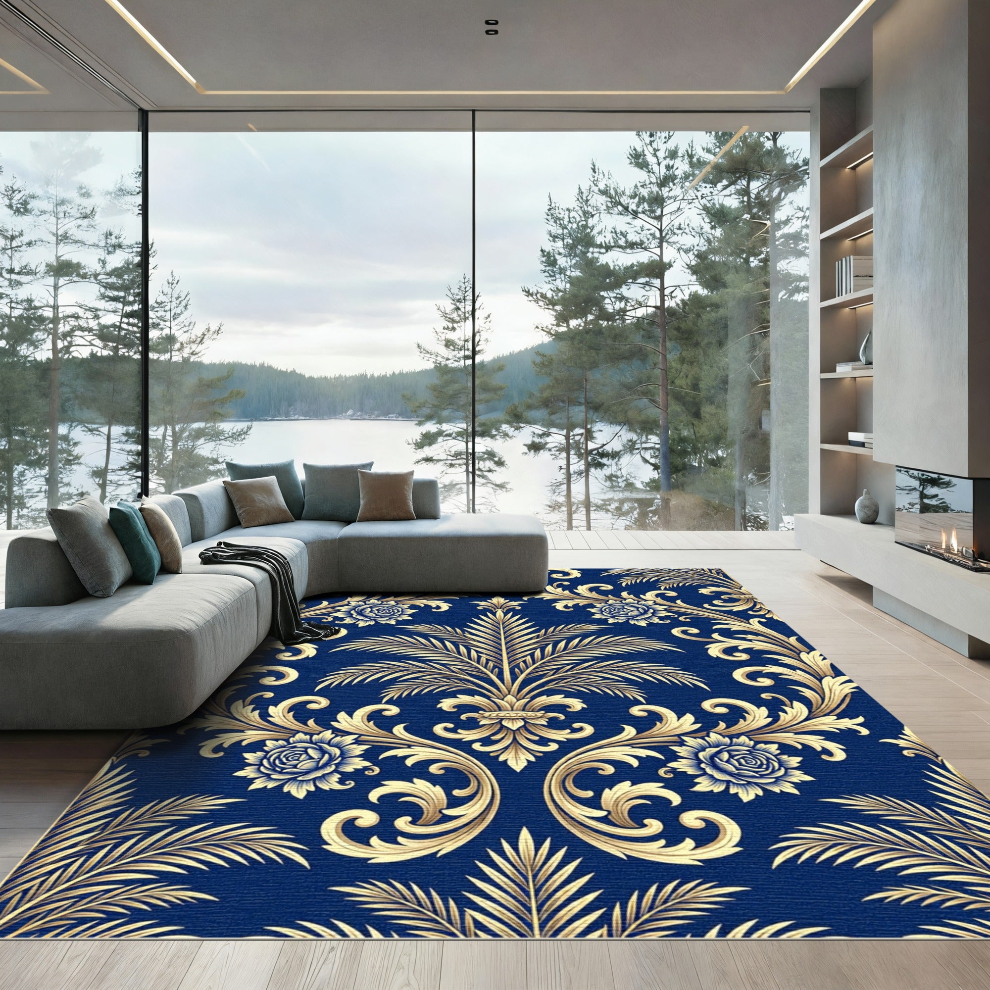 Royal Blue Golden Baroque Foliage Rug