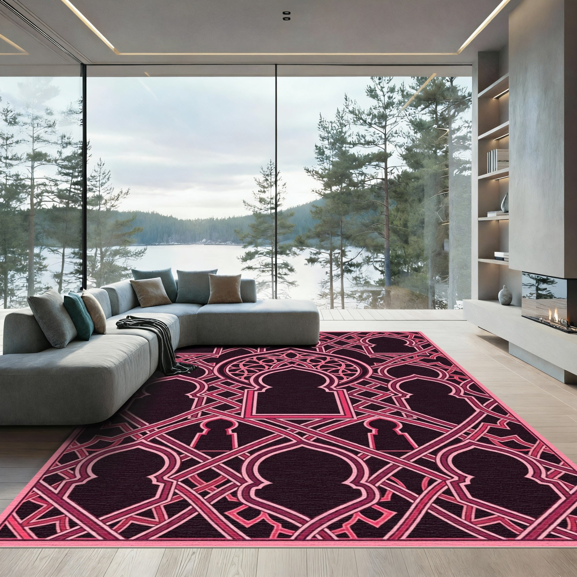 Dark Magenta Ornate Geometric Archwork Rug