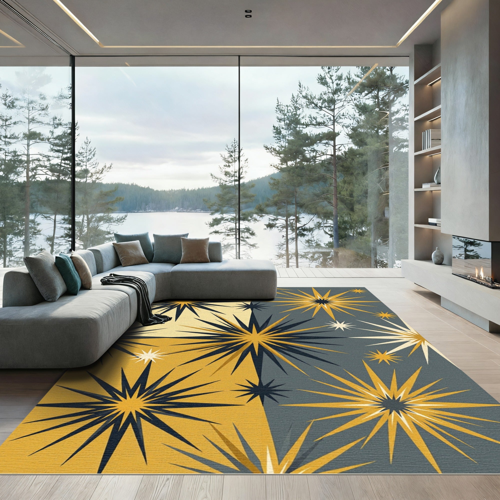 Mid-Century Golden Starburst Celestial Rug