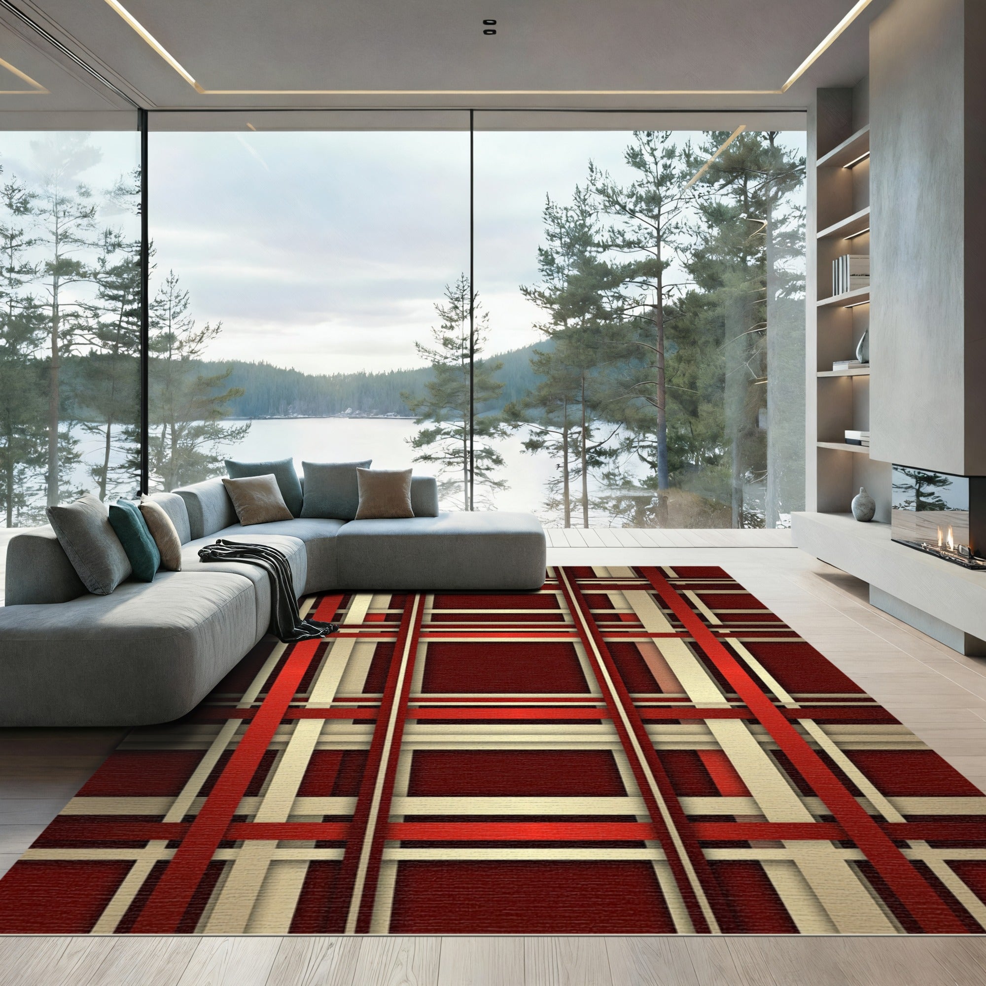 Crimson Cream Intersecting Stripe Rug