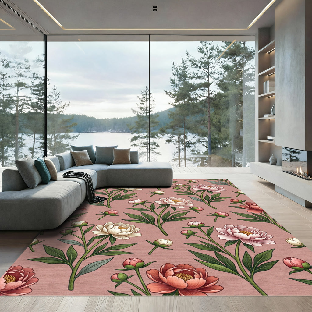 Pink Cream Floral Branch Pattern Rug