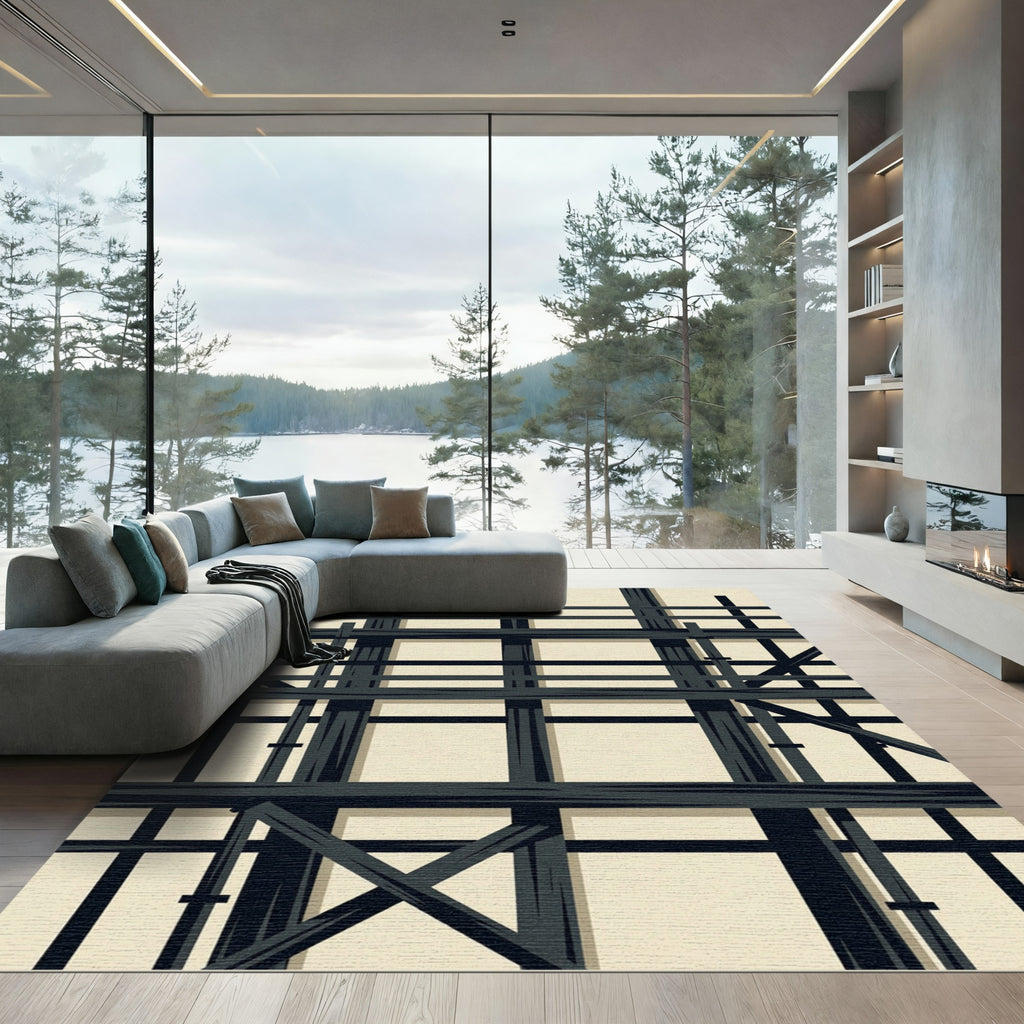 Black Grid Abstract Geometric Layout Rug