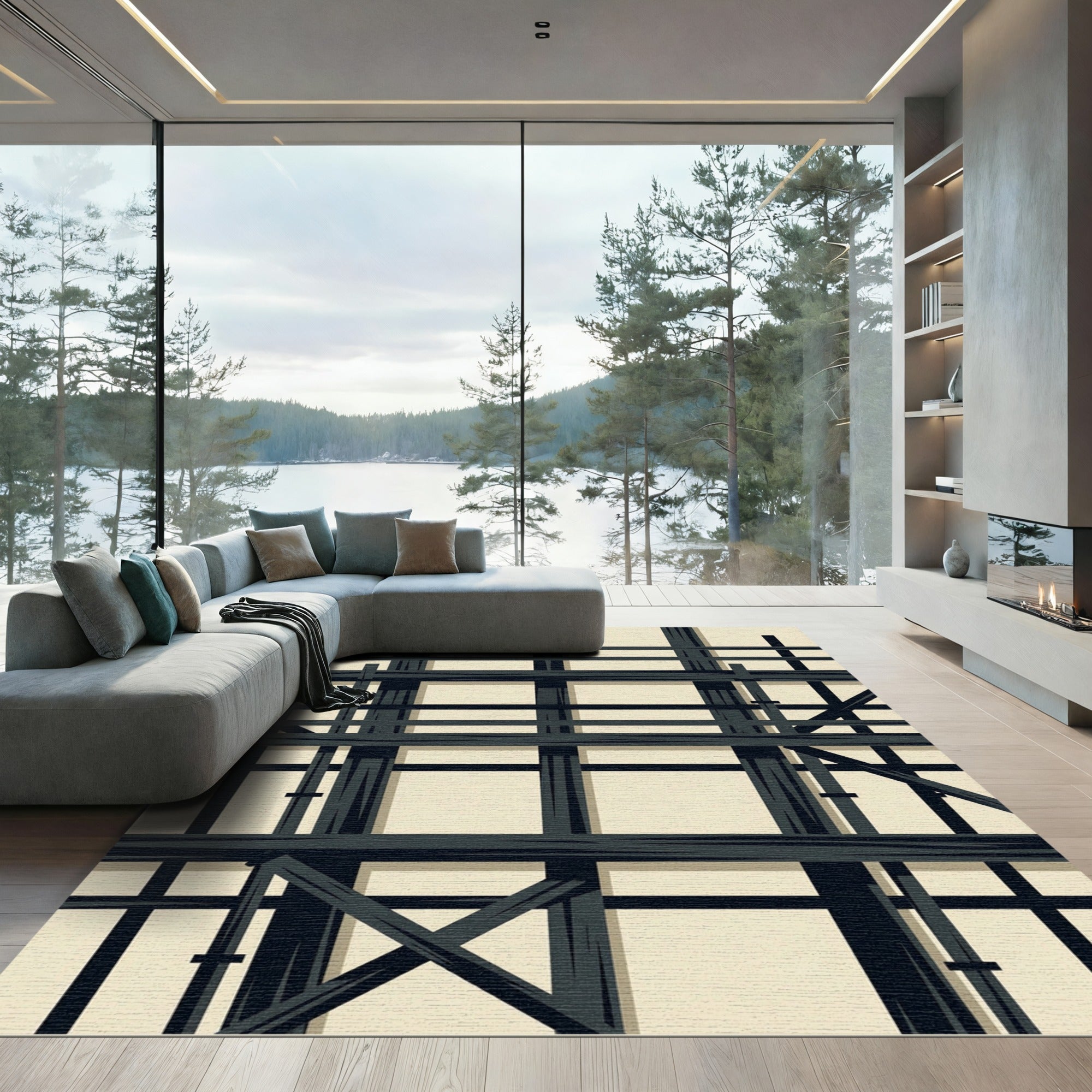 Black Grid Abstract Geometric Layout Rug