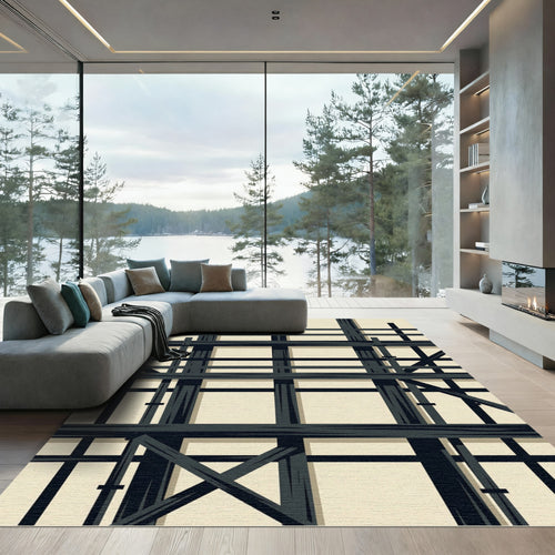 Black Grid Abstract Geometric Layout Rug