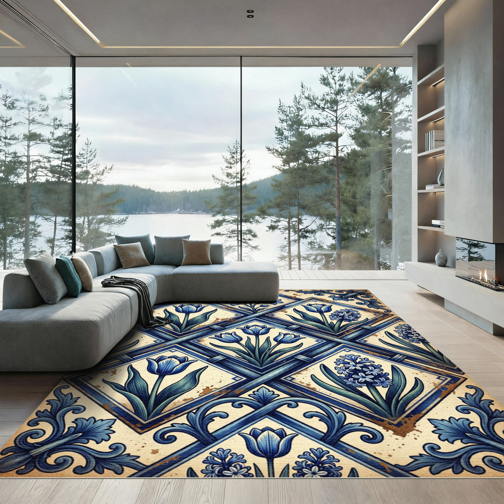 Vintage Blue Floral Diamond Arrangement Rug