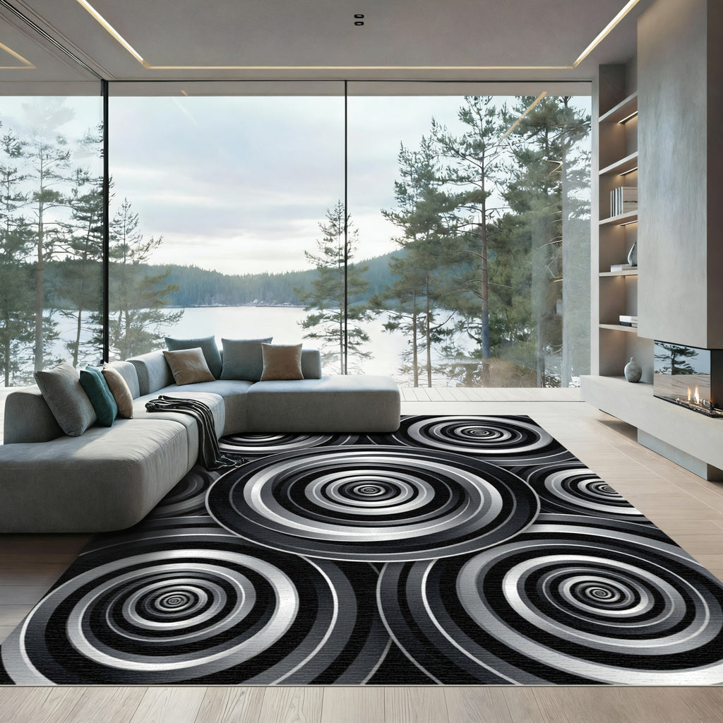 Monochrome Circular Hypnotic Spiral Rug