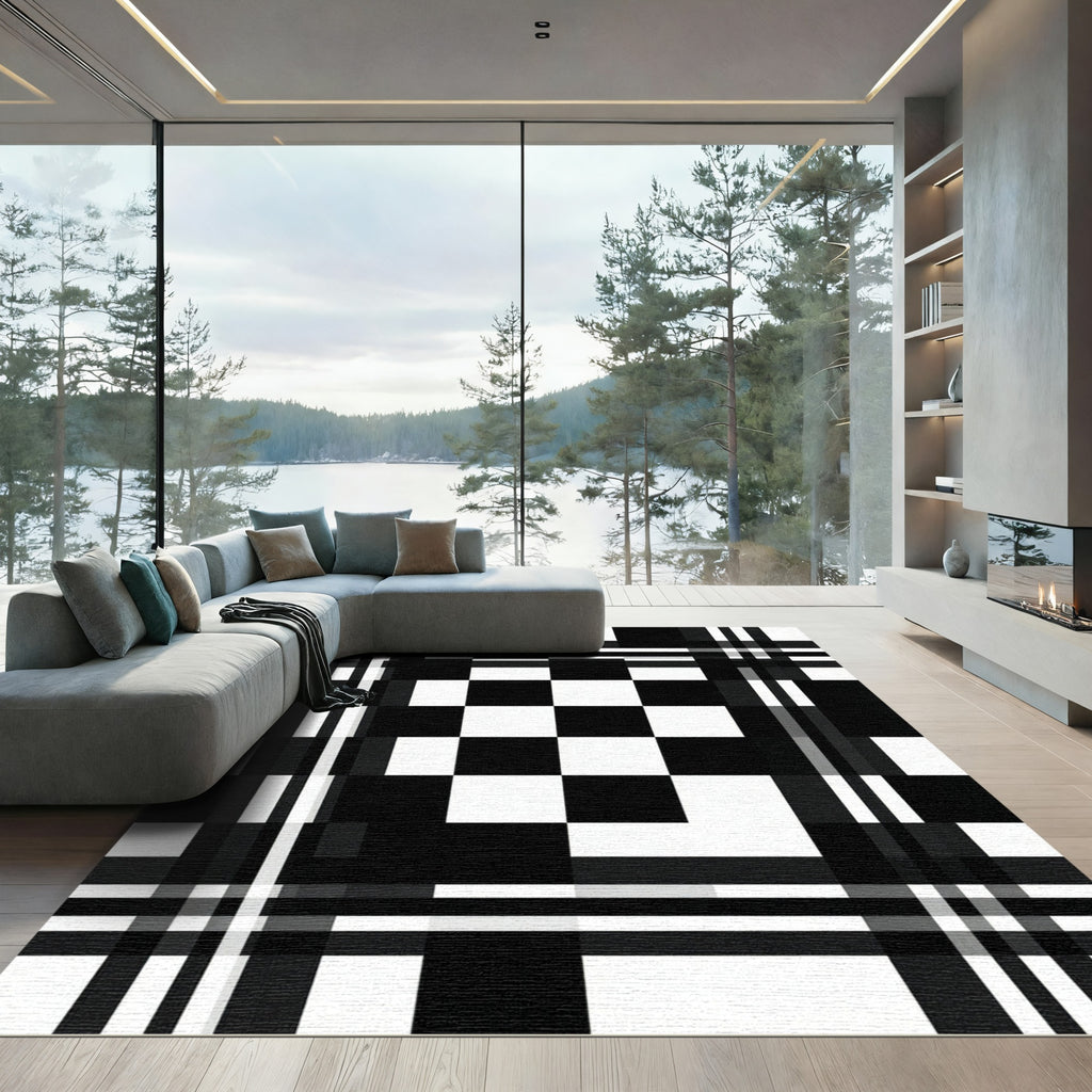 Bold Black White Abstract Checkerboard Rug