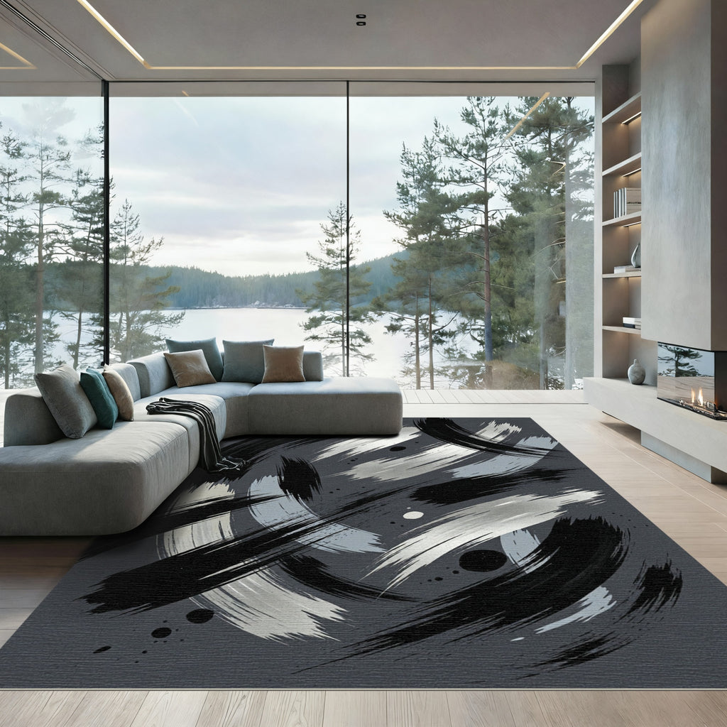 Modern Gray Black Abstract Brushstrokes Rug