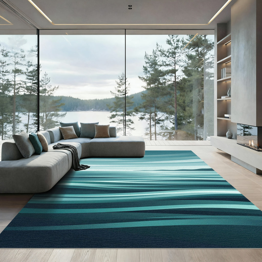 Minimalist Teal Blue Abstract Ocean Wave Rug