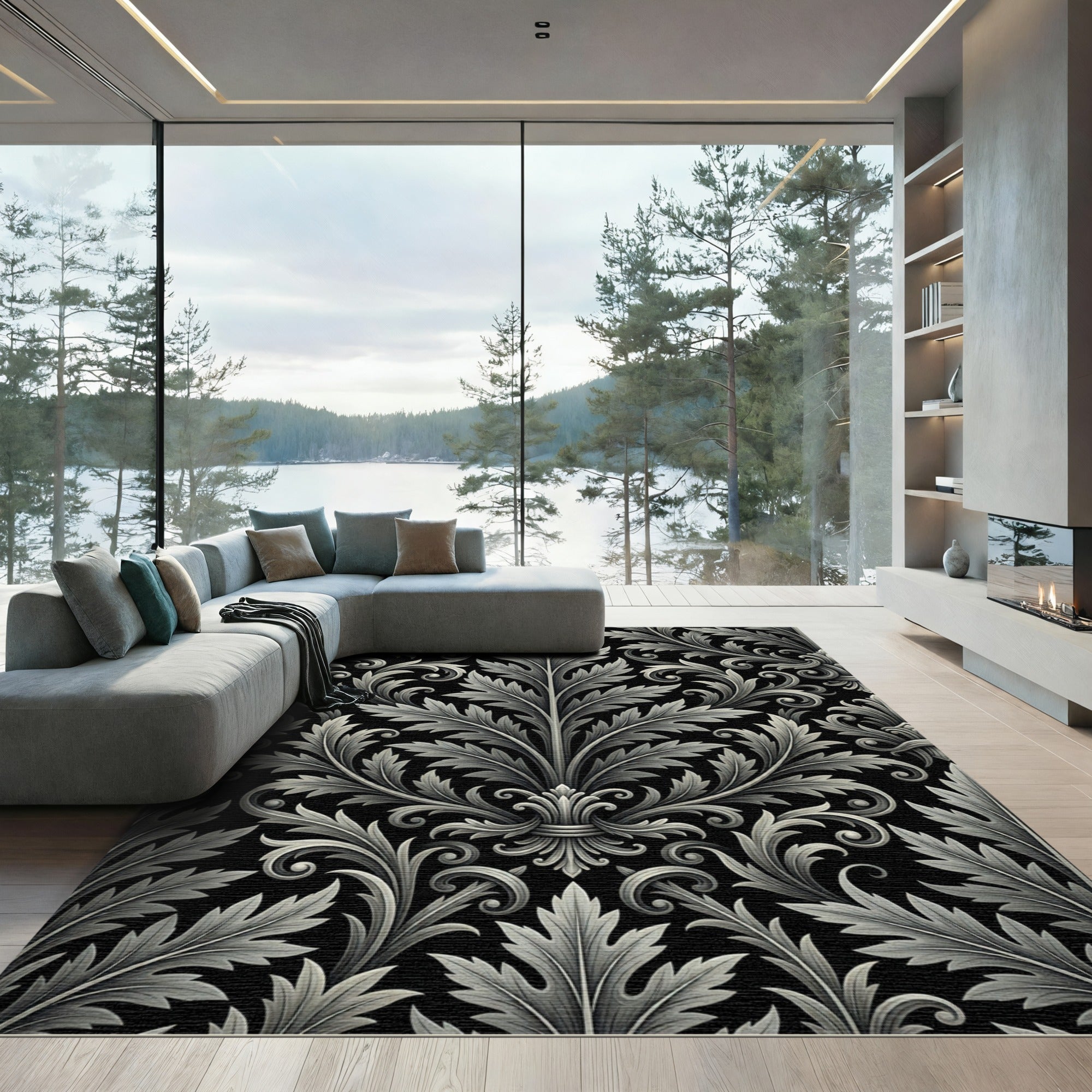 Ornate Silver Acanthus Damask Monochrome Rug