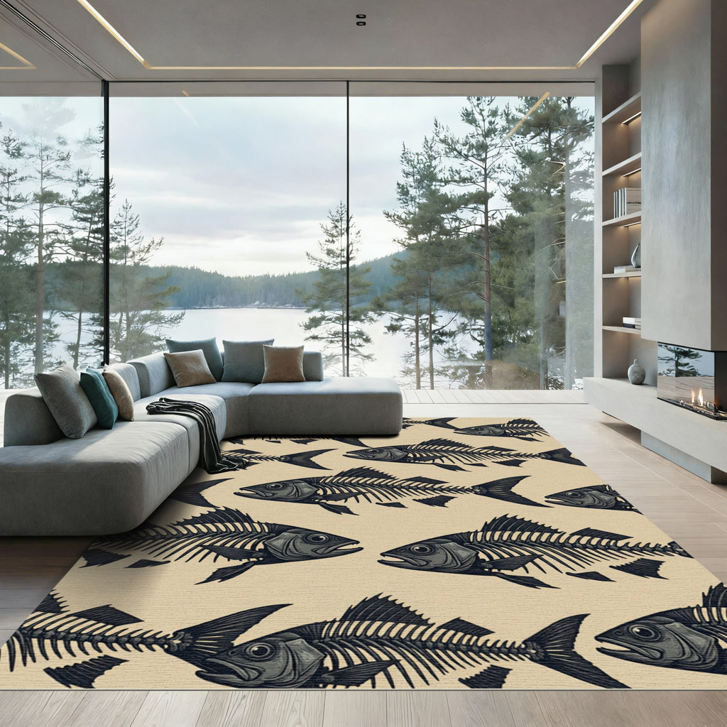 Dark Nautical Skeleton Fish Illustration Rug