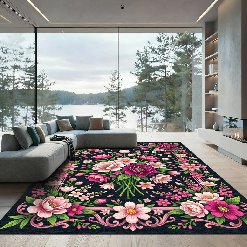 Vibrant Pink Floral Swirl Garden Rug