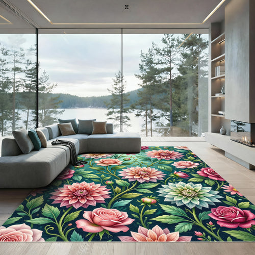 Blooming Rose and Dahlia Floral Meadow Rug